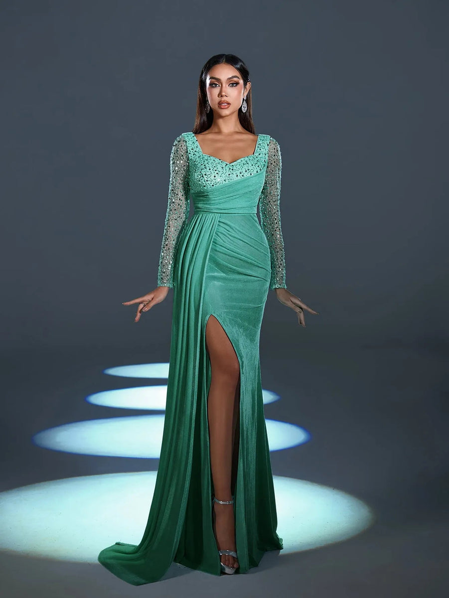 Plus Elegant Mesh Insert Split Mermaid Hem Sequin Evening Dress
