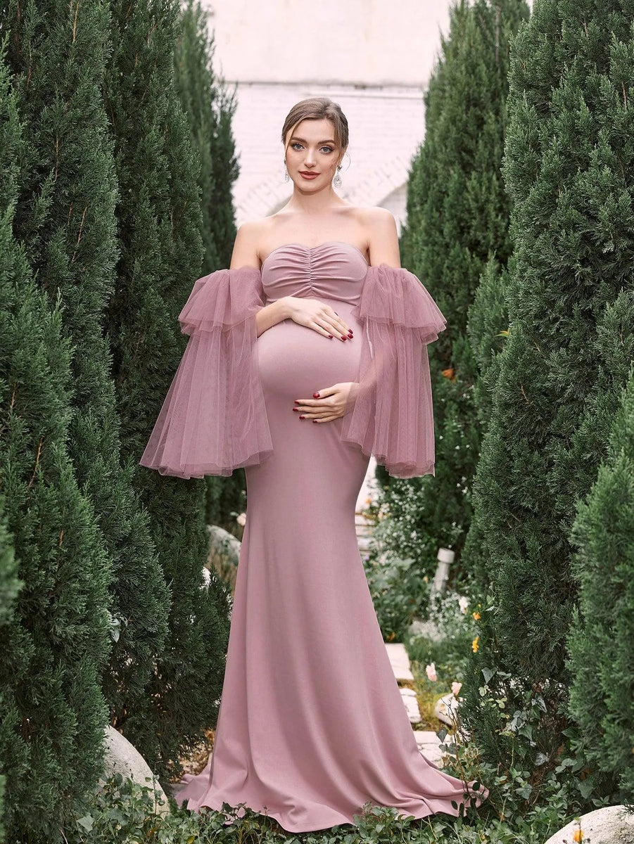 Maternity Plunging Neck Flared Sleeves Mermaid Hem Sequin Evening Dress