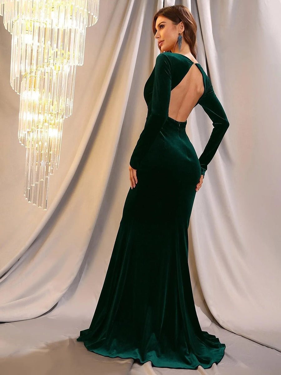 Plunging Neck Backless Mermaid Hem Velvet Dress Dark Green / S