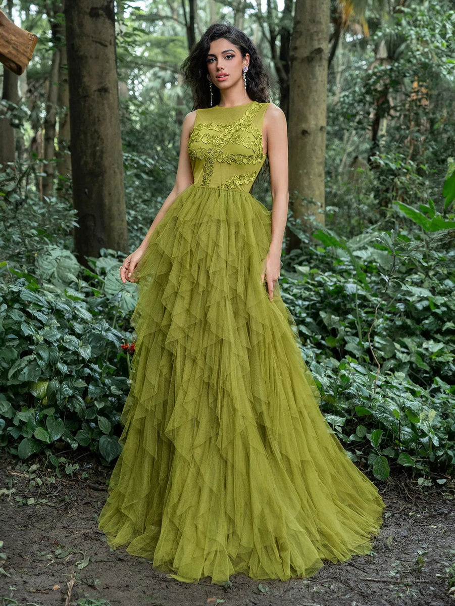 Gorgeous Applique Detail Cascading Ruffle Hem Tulle Prom Dress – Faeriesty