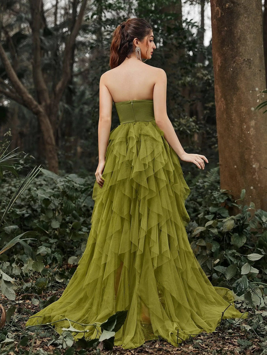 Elegant Lace Bodice Contrast Split Ruffle Layered Hem Prom Tube Dress Green / XS