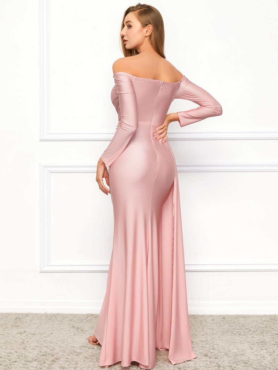 Elegant Sexy Off Shoulder Long Sleeve Shiny Slinky Knit Dress
