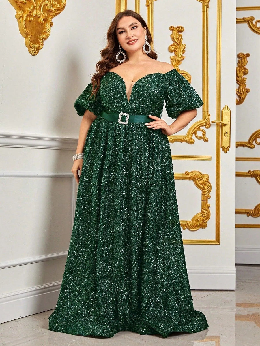 glitter puff sleeve dress Glitter Puff Sleeve Slit Gown by GLS Gloria GL3118 XL / Light Gold