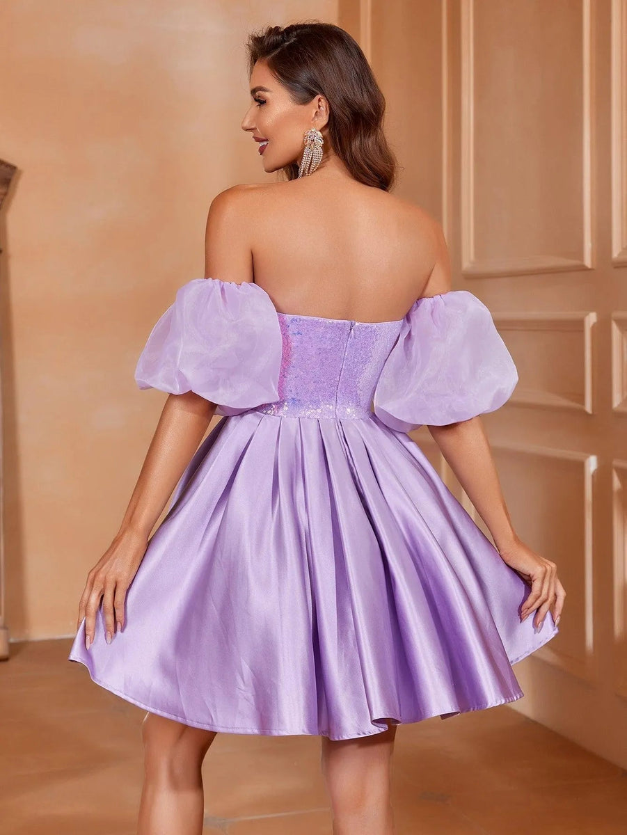 puff sleeve cocktail dress Sleeves Sequin Bodice Dress, Violet / S flattering ponte knit shapes Buy Moomaya Grey Textured tripping Color:Warm Taupe