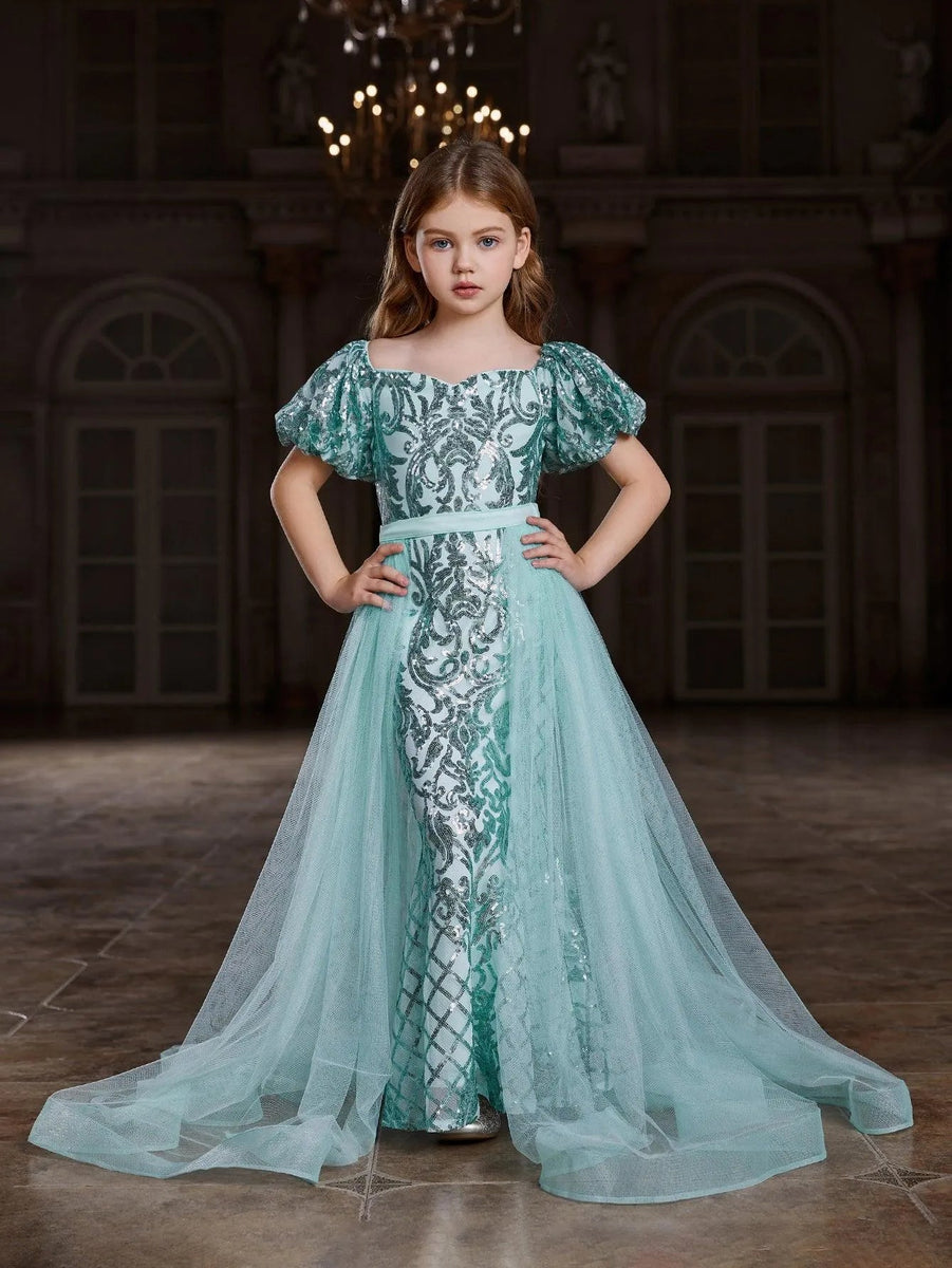 Tween Girls' Square Collar Sleeveless Contrast Mesh Sequin Party Dress