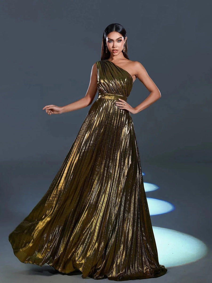 metallic one shoulder dress Metallic One Shoulder Sleeveless Pleated Evening Dress – Faeriesty