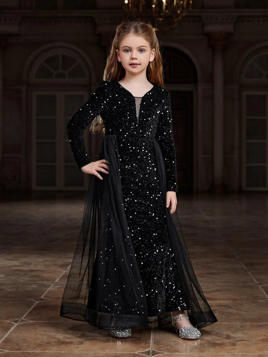 Young Girls' Long Sleeves Mesh Overlay Sequin Mermaid Dress
