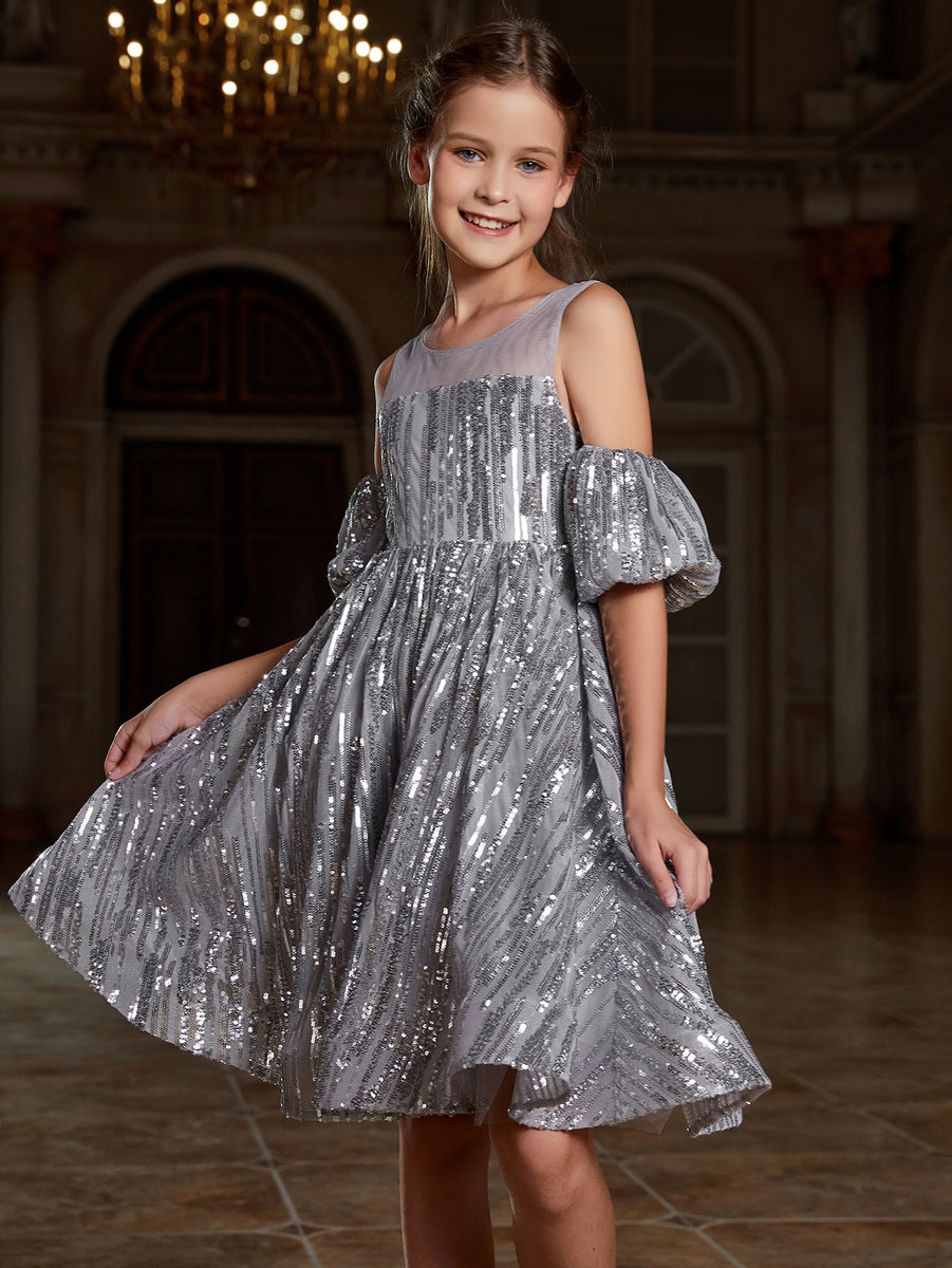 Girl's Puff Sleeve Contrast Mesh Sequin Party Dress – Faeriesty