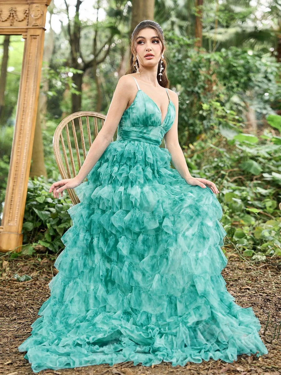 Elegant Plunging Neck Ruffle Layered Hem Floral Tulle Slip Prom Dress, Green / S