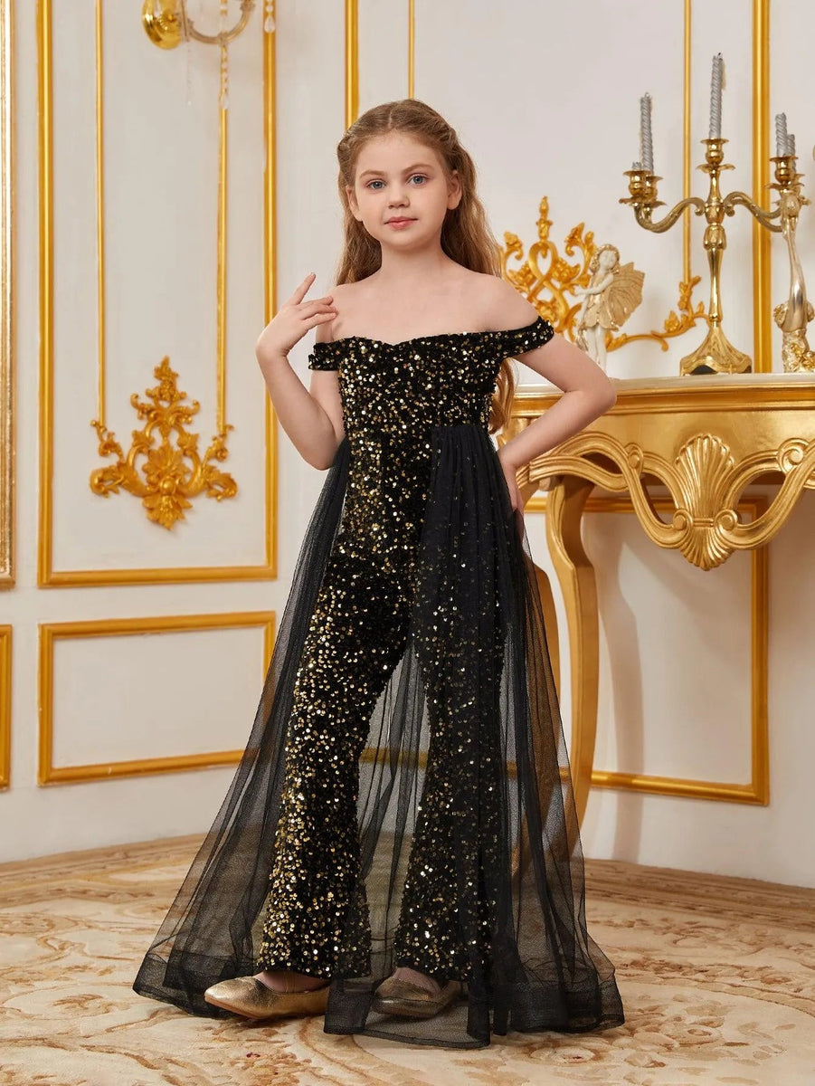 Tween Girls' One Shoulder Satin Overlay Sequin Jumpsuit