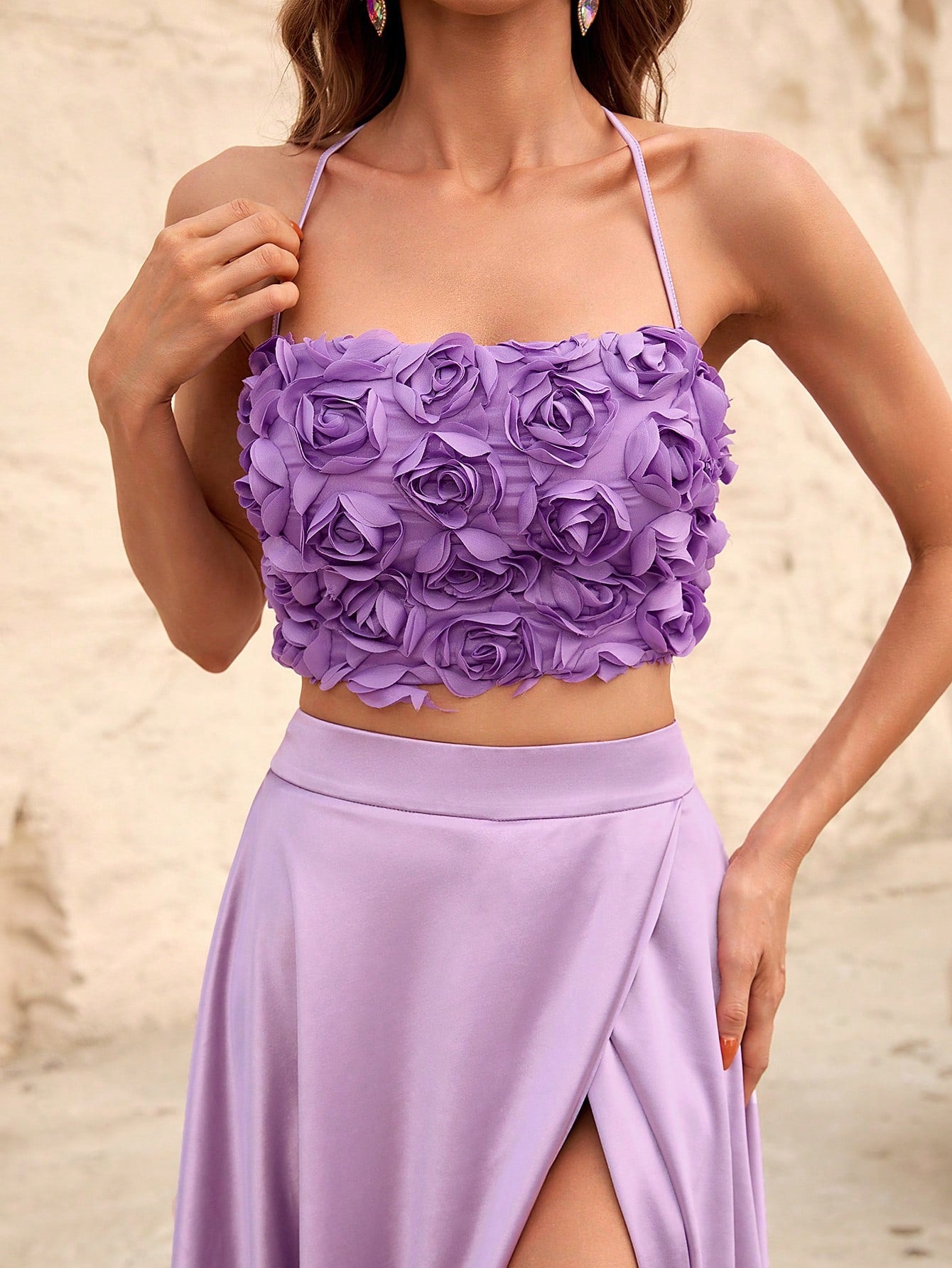 Back Lace Up 3D Flower Tube Top & Satin Slit Skirt