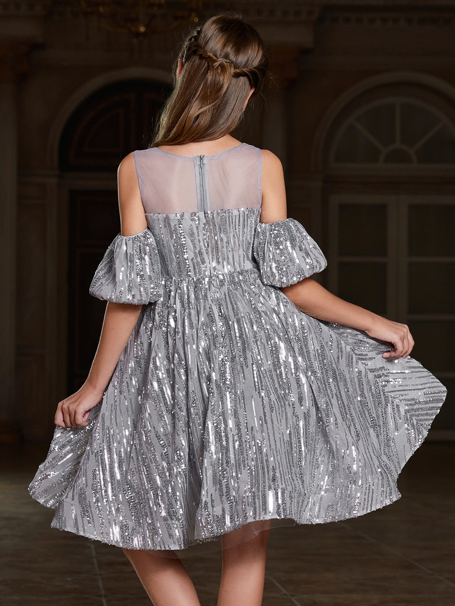 Girl's Puff Sleeve Contrast Mesh Sequin Party Dress Grey / 12Y