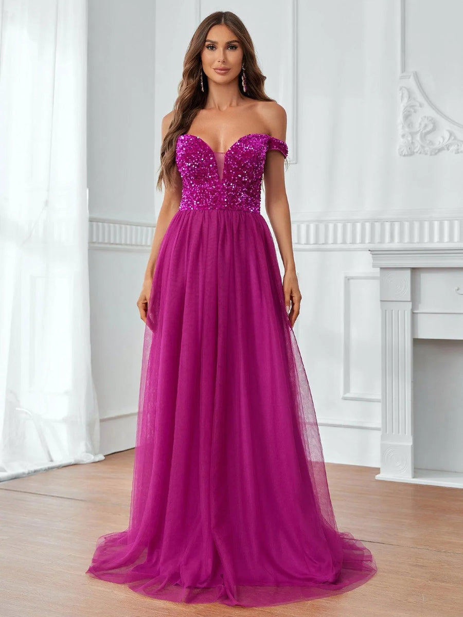 Sequin Bodice Contrast Mesh Hem Tube Prom Dress