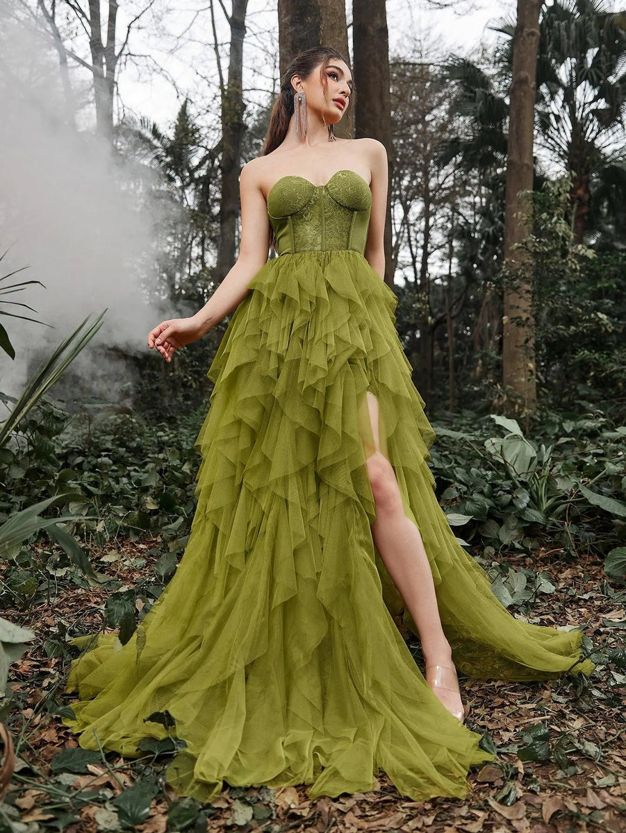 Elegant Lace Bodice Contrast Split Ruffle Layered Hem Prom Tube Dress Green / XS