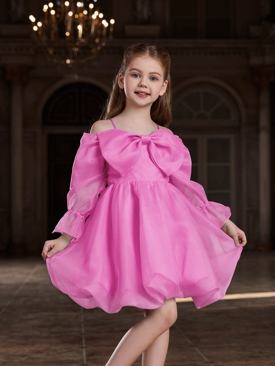 pink dress with bow Girl's Off Shoulder Bow Front Puff Dress – Faeriesty