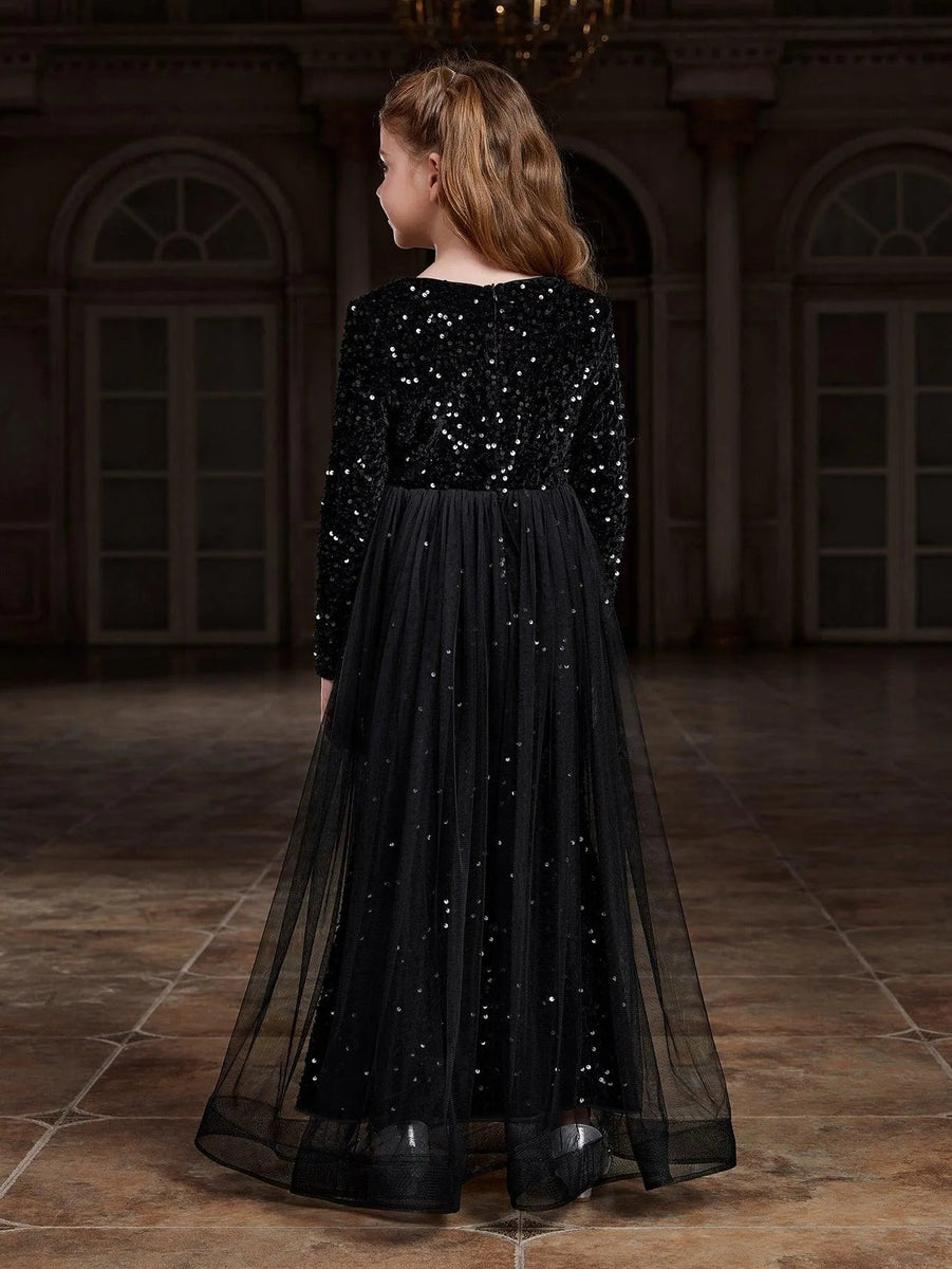 Young Girls' Asymmetrical Neckline Mesh Overlay Sequin Dress main image 1