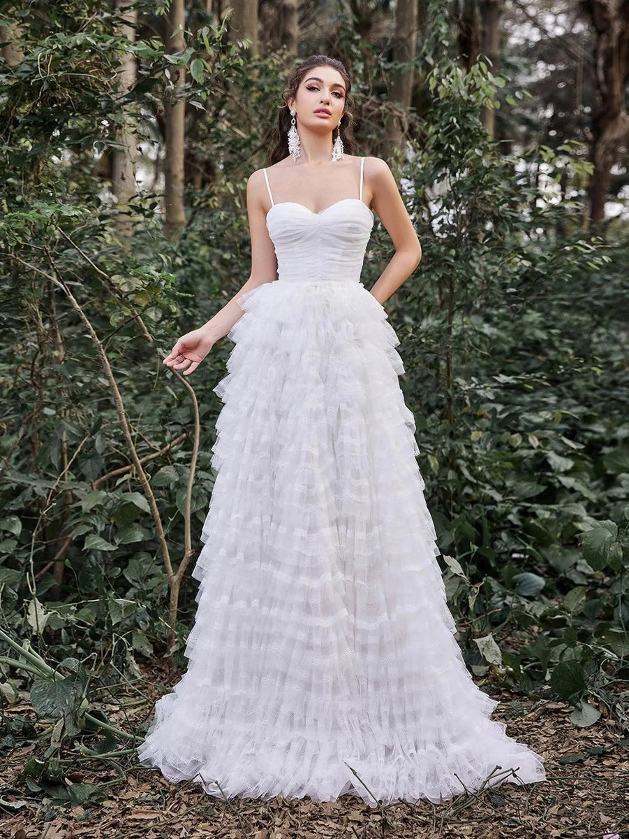 Gorgeous Lace Up Back Cascading Ruffle Hem Slip Wedding Dress, White / XS