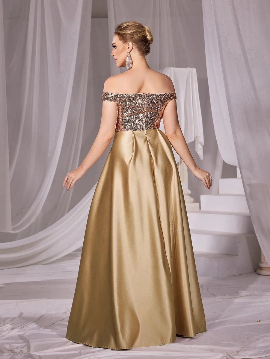 Chic A Line Off The Shoulder Gray Satin Sequin Long Prom Dress, Evening Dress main image 1