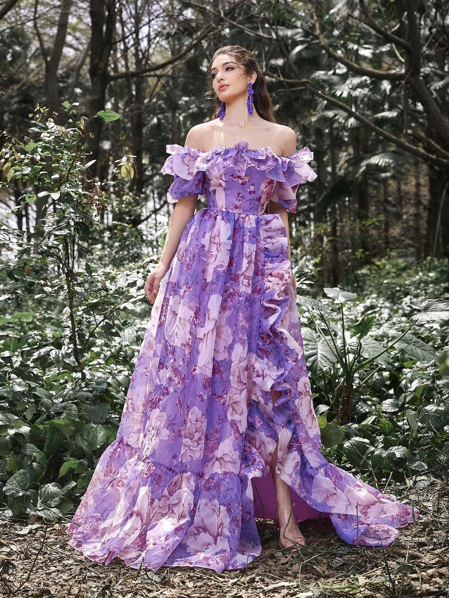 purple ruffle dress Elegant Ruffle Trim Off Shoulder Floral Organza Prom Dress – Faeriesty