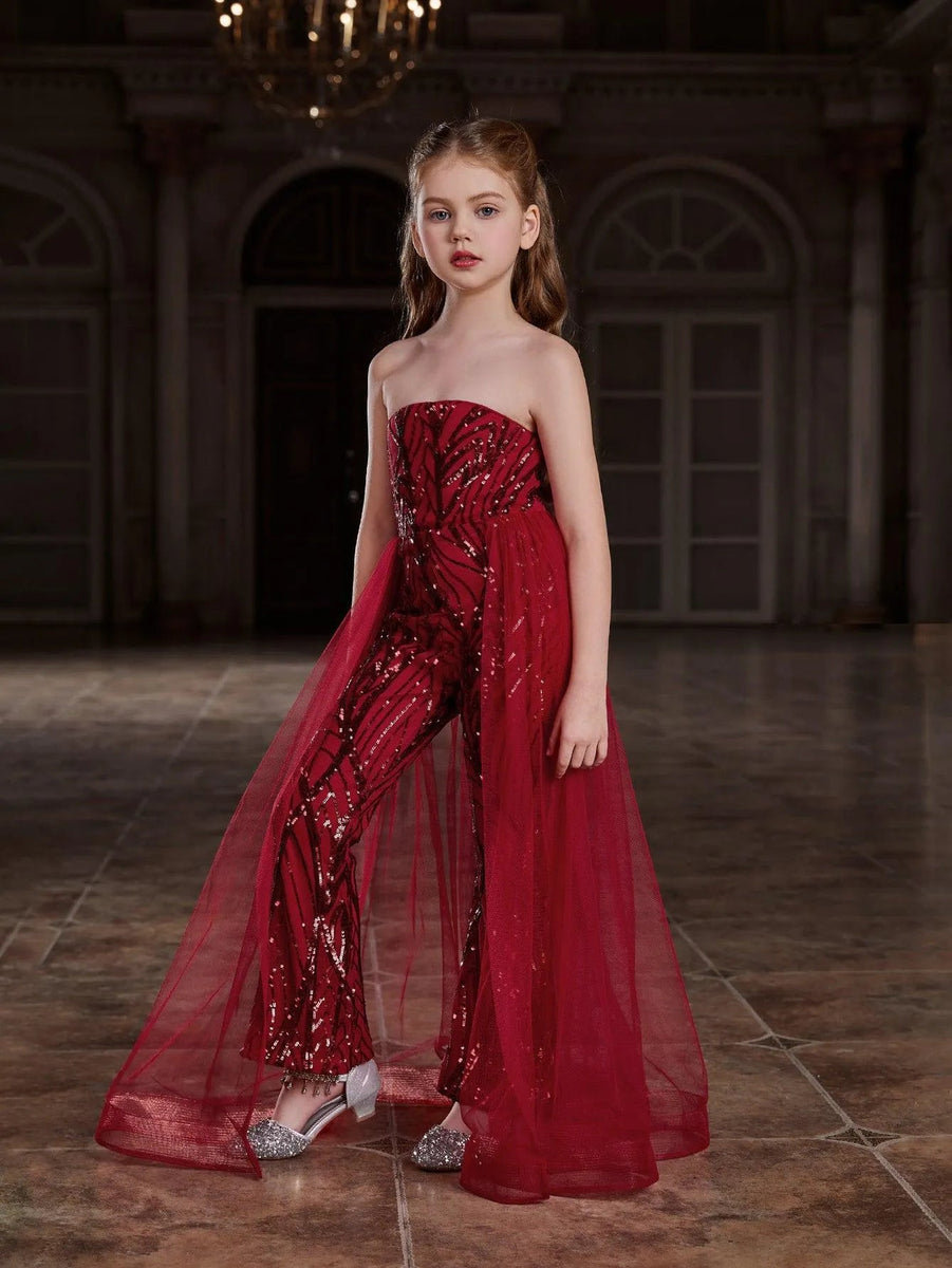 Tween Girls' One Shoulder Satin Overlay Sequin Jumpsuit
