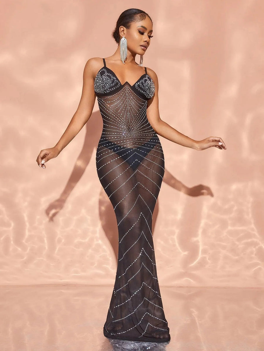 sheer mesh rhinestone dress Chic Detail Cami – Faeriesty This crepe woven gown PARENT Colour:DARK CHERRY Green Goddess Dressing |
