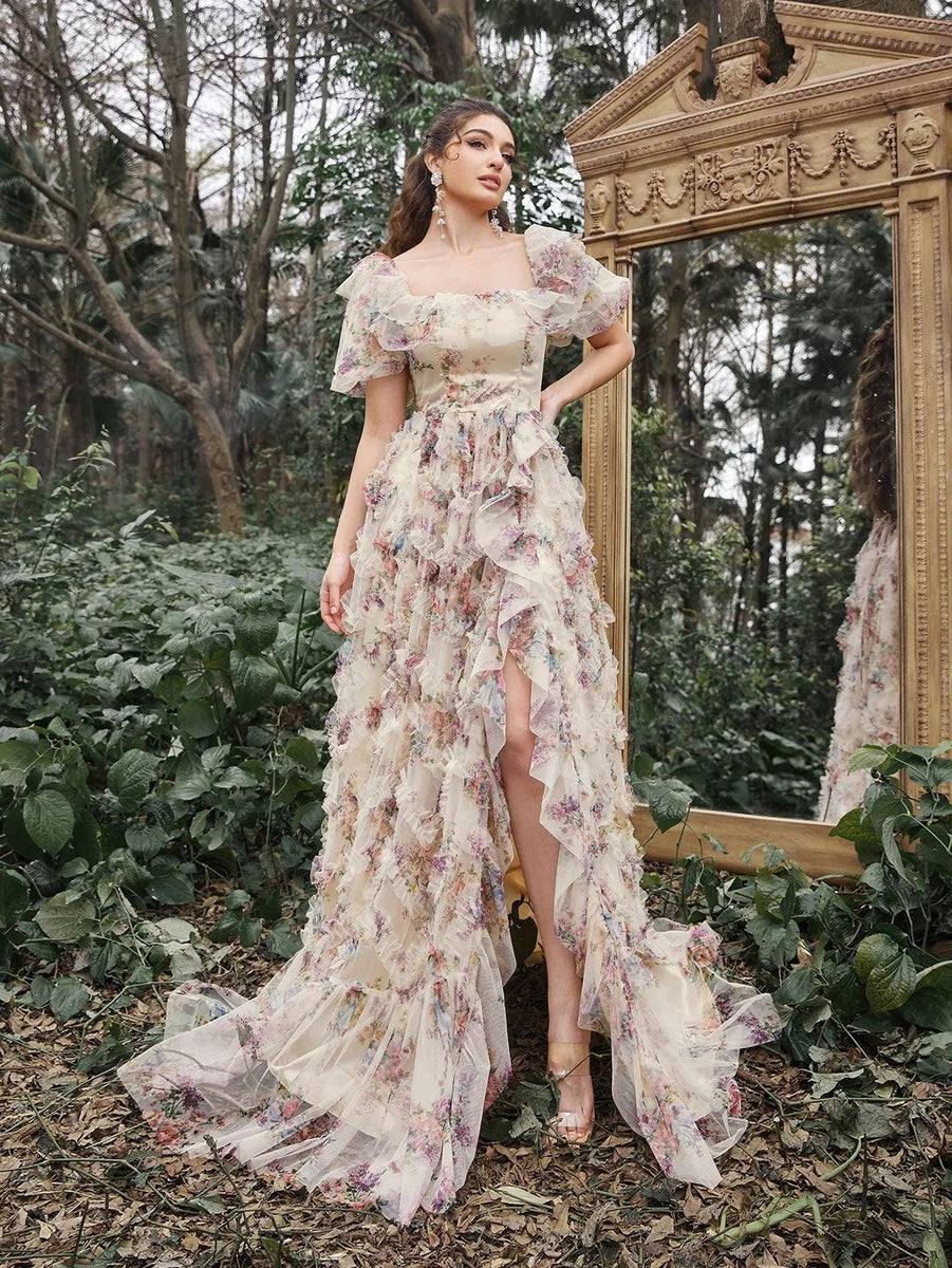 prom dresses organza Elegant Ruffle Trim Puff Sleeves Floral Dress Navy Blue / M A Line 2 Silk Satin Colors:Dark Burgundy 577 fiona2324 Gracie Solid Pastel Green