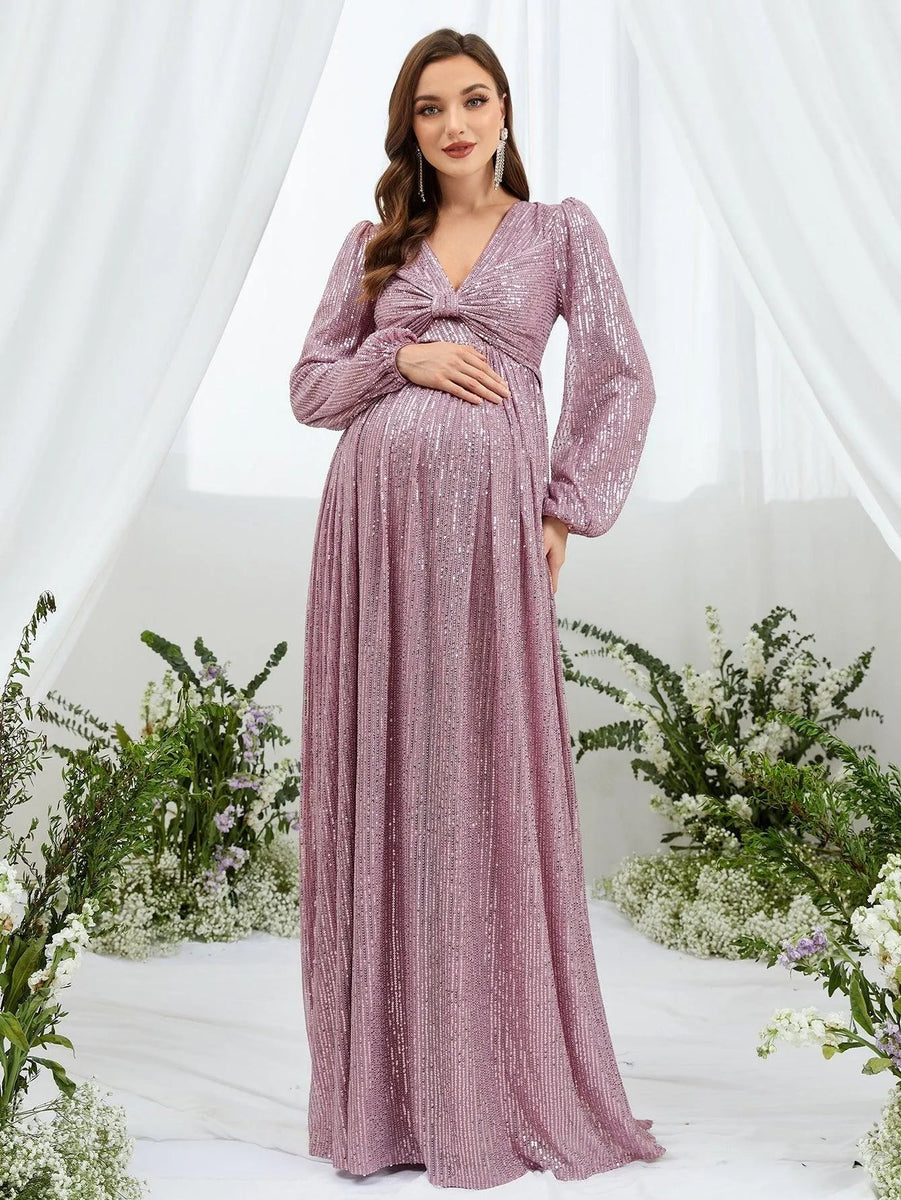 Maternity Ruched Bust Lantern Sleeve Sequin Party Dress, Mauve / M