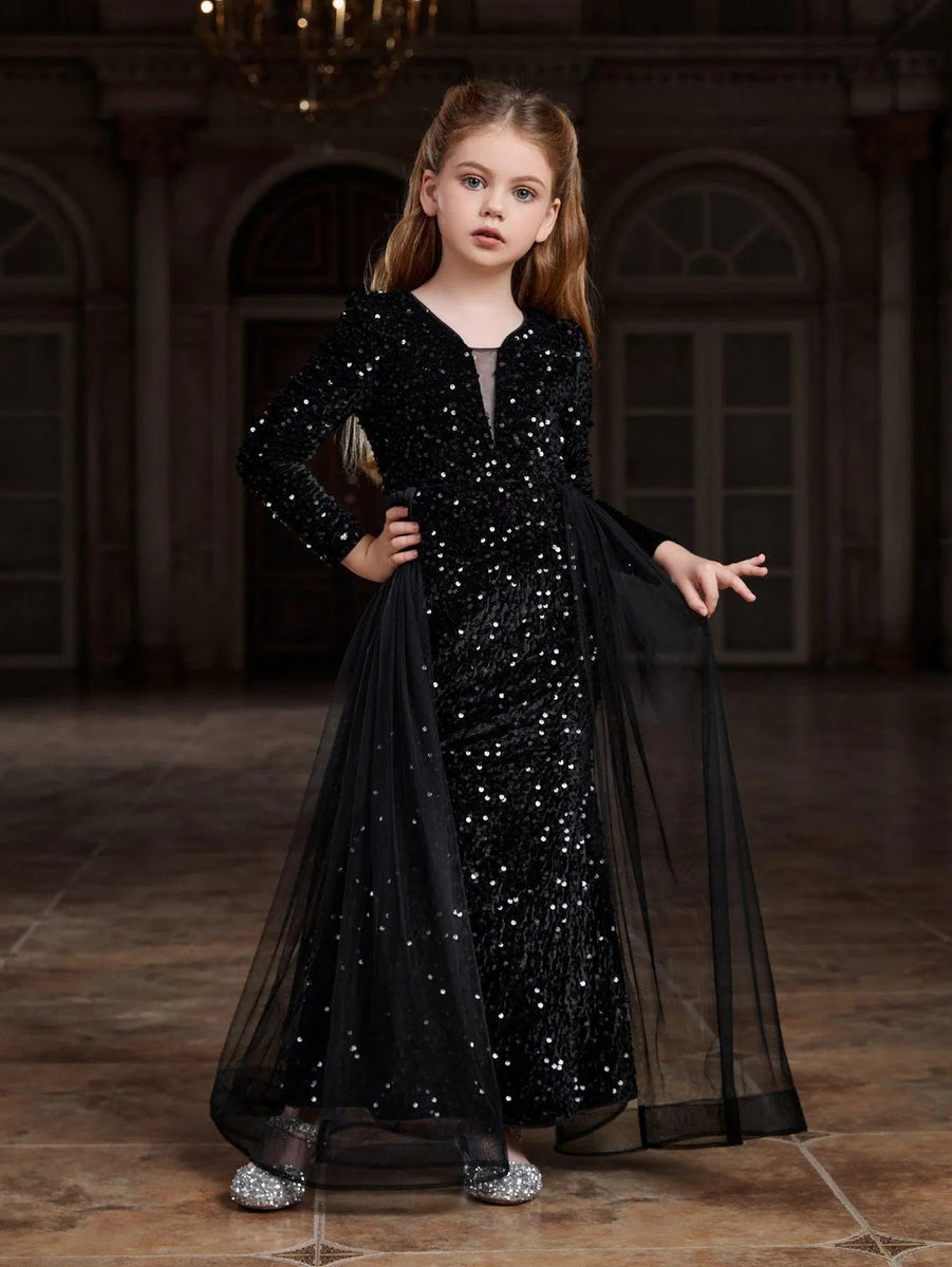 Tween Girls' Long Sleeves Mesh Overlay Sequin Mermaid Dress