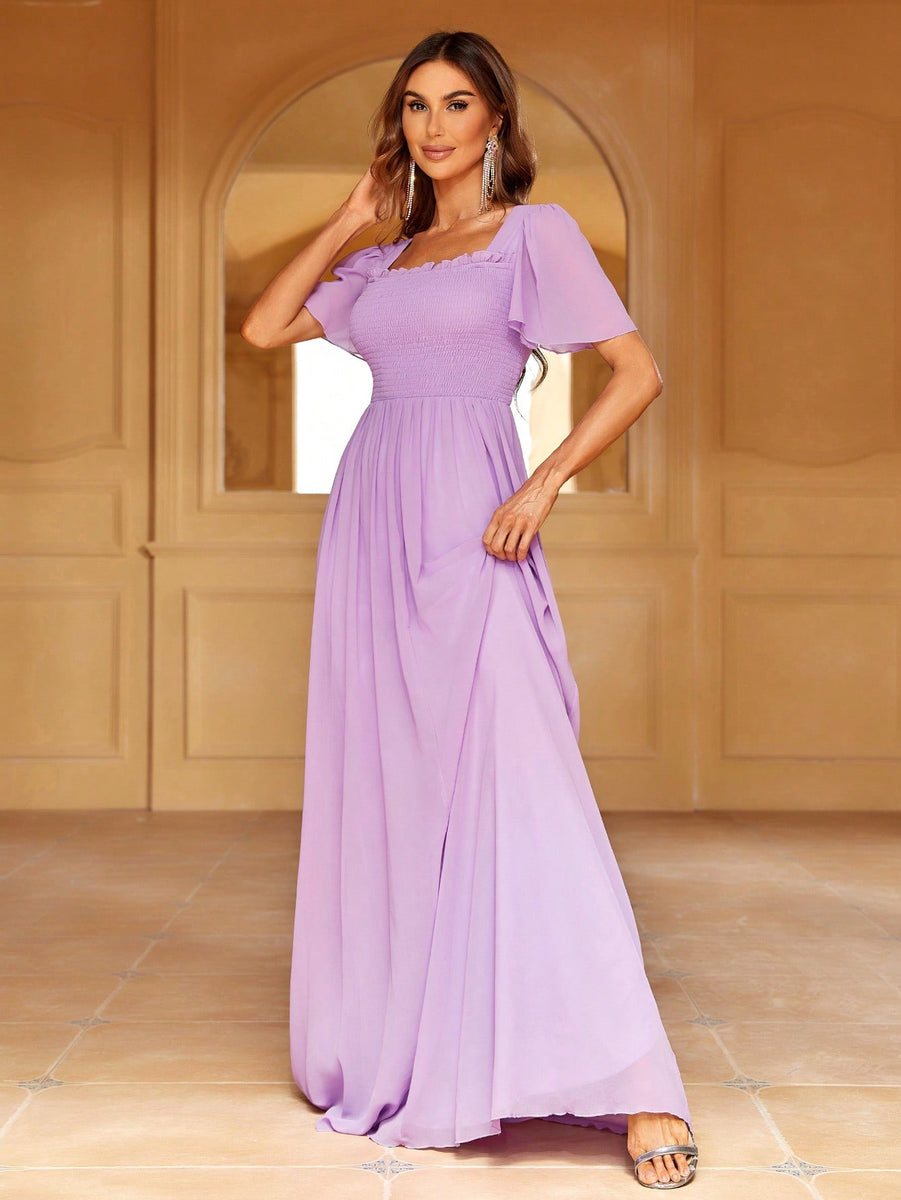 Square Neck Ruffle Chiffon Long Dress with Jacket Plum main image 1