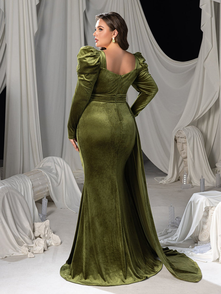 Blue Velvet Scalloped Neckline Gown with High Slit and Crisscross Back
