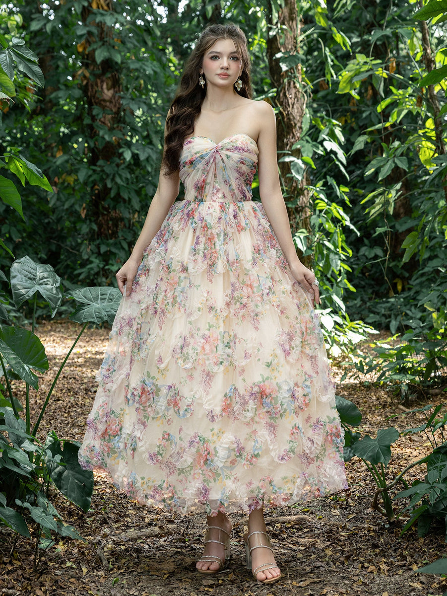 Midi Twist Front Ruffle Trim Floral Tulle Party Tube Dress – Faeriesty