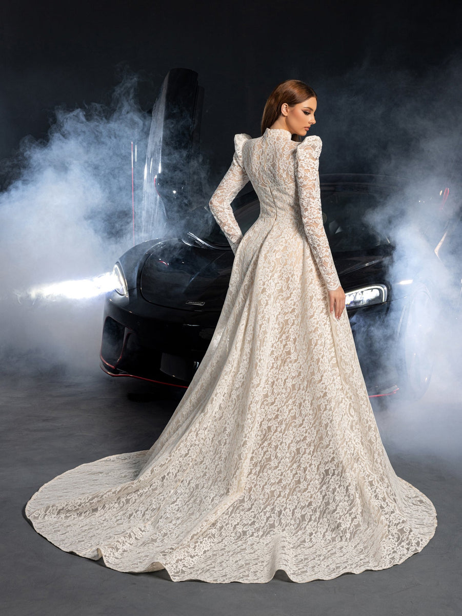 Gorgeous Mock Neck Long Sleeves Ball Hem Lace Wedding Dress White / S