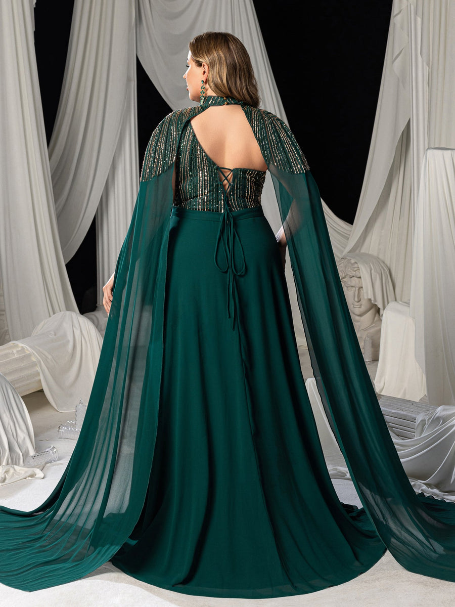 Plus High Neck Chiffon Gown With Detachable Cape Asymmetrical Cut 