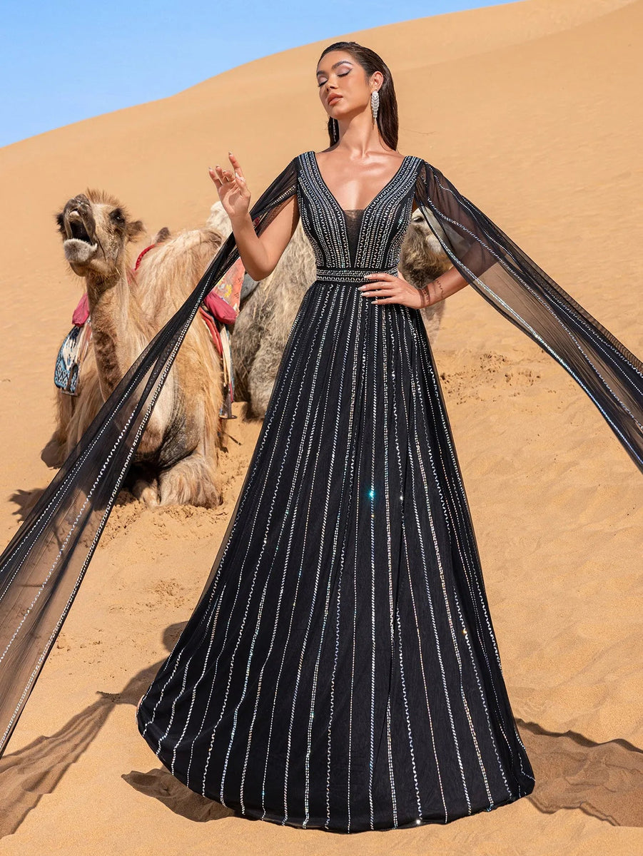 High Neck Cape Sleeves Ankle-Length Pleated Wedding Guest Jumpsuits with Self-tie