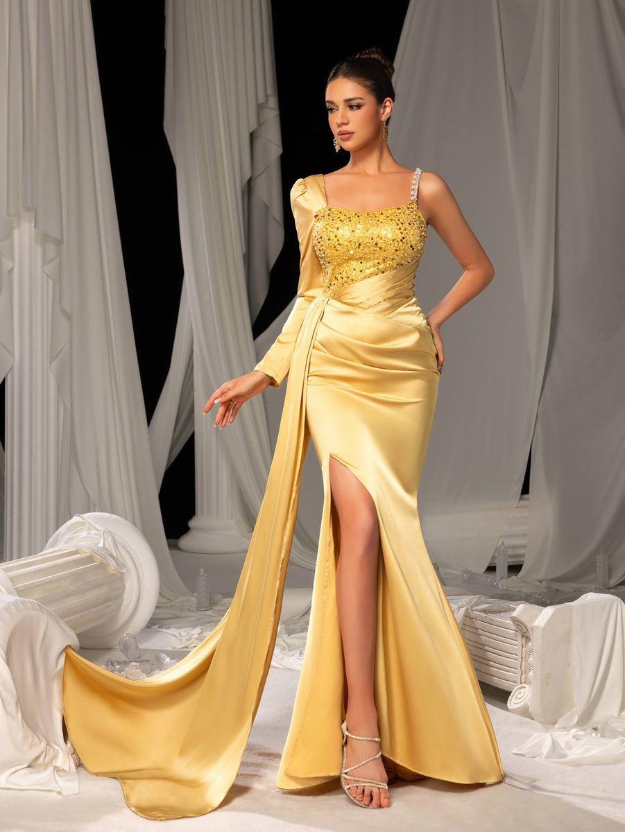 Elegant Satin Formal Dress with High Slit & Sequin Embellishments – Luxurious Evening Wear for Red Carpet, Gala Dinners & Luxury Weddings