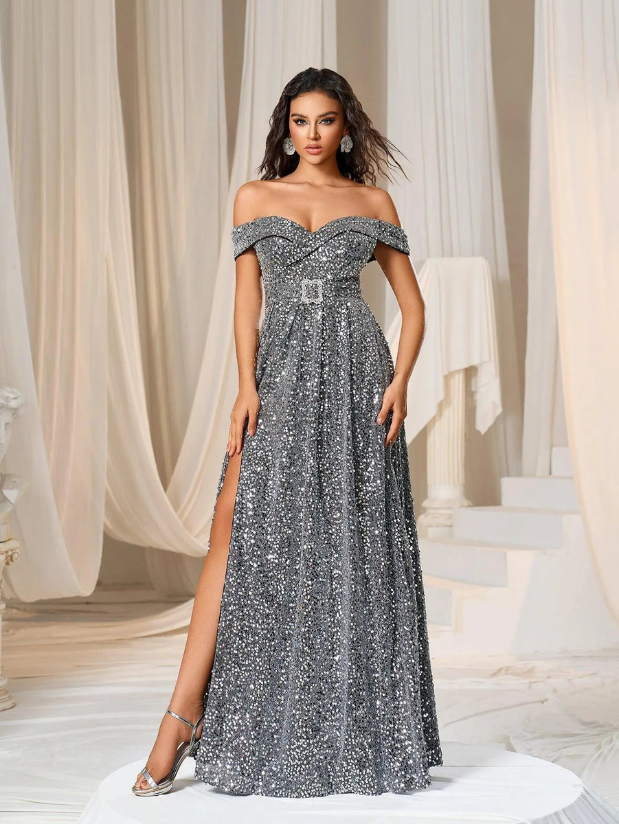 silver sequin off shoulder dress Buckle Belted / S SHEIN | Dresses | With a flattering off Occasion:Wimbledon Shoe Size (US):10