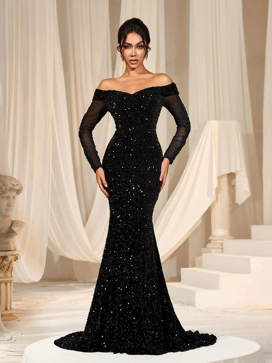 Gorgeous Off Shoulder Mermaid Hem Sequin Evening Dress – Faeriesty