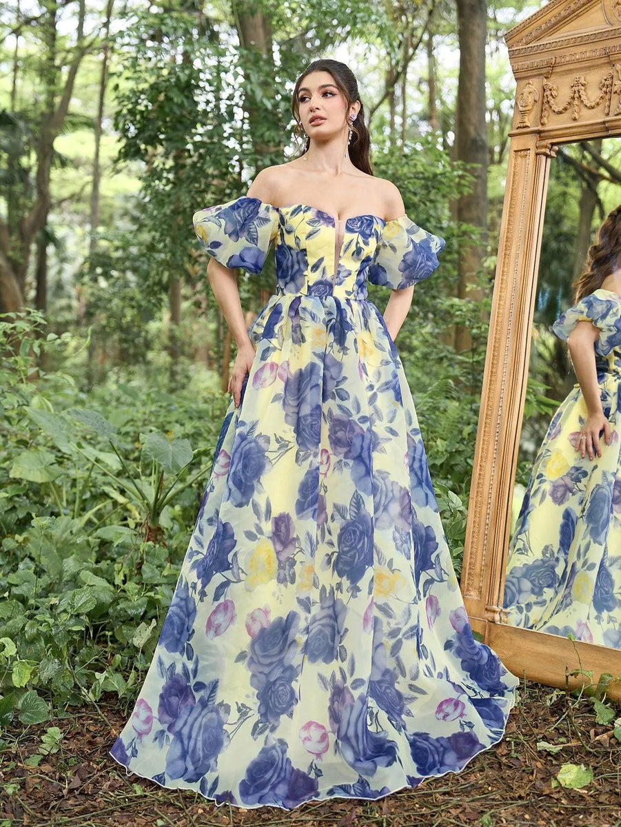 Elegant Floral Organza Off Shoulder Puff Sleeves Evening Dress Yellow / S