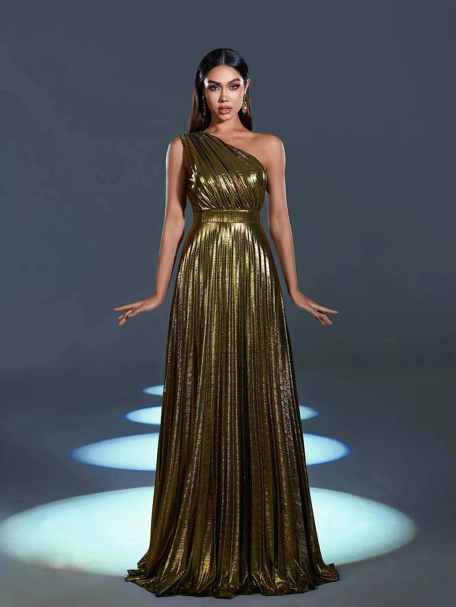 metallic one-shoulder mini dress Metallic One Shoulder Sleeveless Pleated Evening Dress Bronze / M