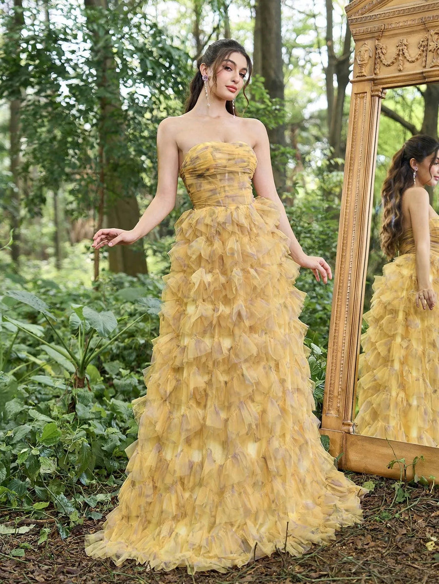 Whimsical Strapless Ruffled Tulle Long Prom Dress main image 0
