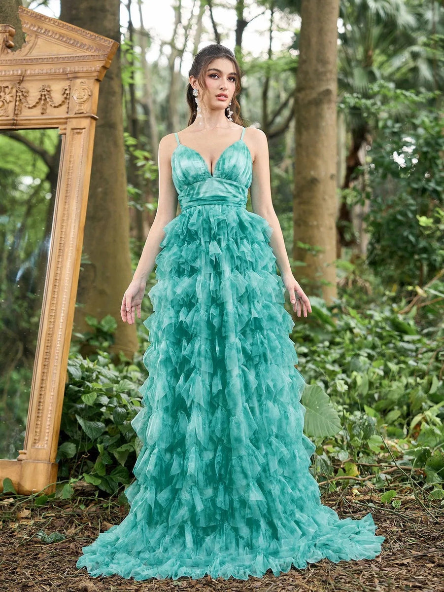 Elegant Plunging Neck Ruffle Layered Hem Floral Tulle Slip Prom Dress –  Faeriesty