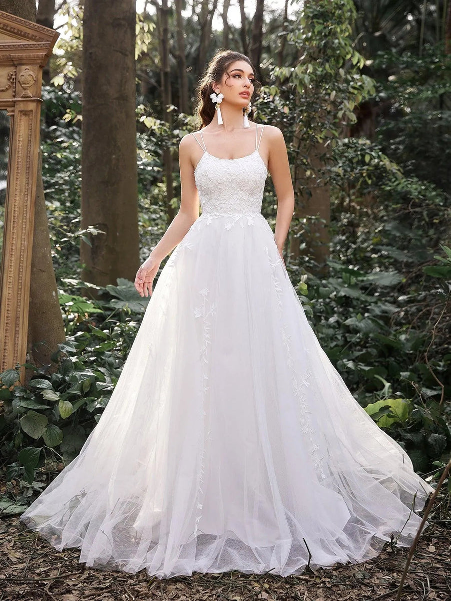 Gorgeous Applique Detail Backless Lace Up Slip Wedding Dress – Faeriesty