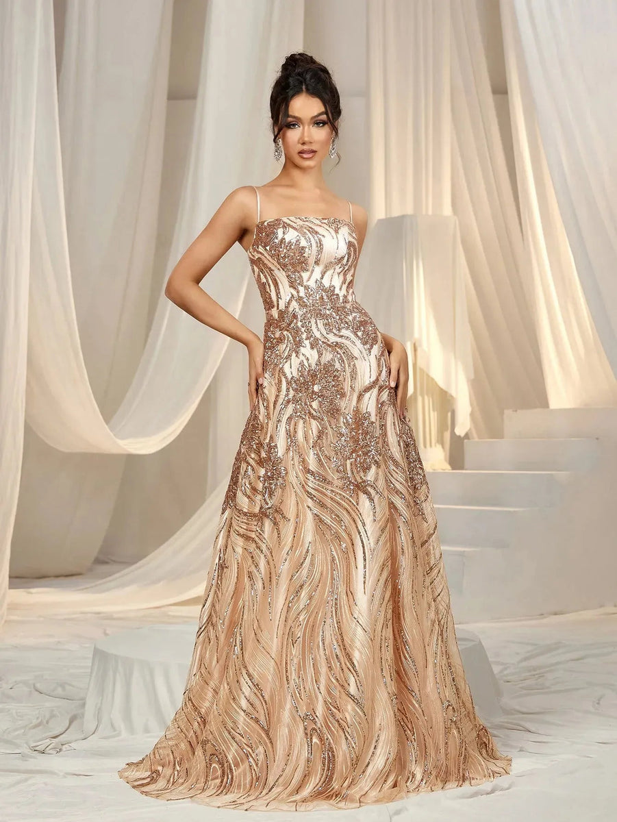 Elegant Spaghetti Straps Graphic Sequin Formal Prom Dress – Faeriesty