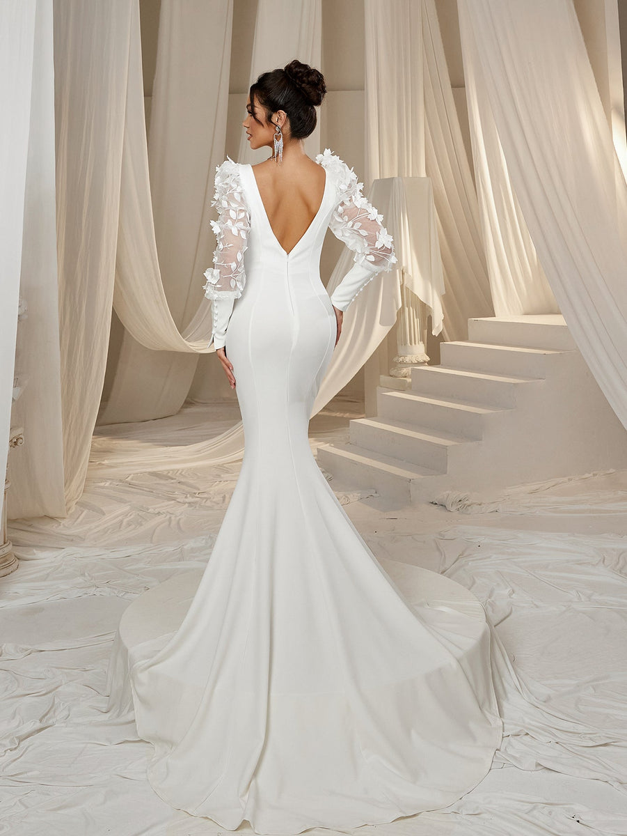 sachin and babi light blue dress Elegant Plunging Neck Backless Applique Bishop Sleeves Mermaid Hem EV, White / S
