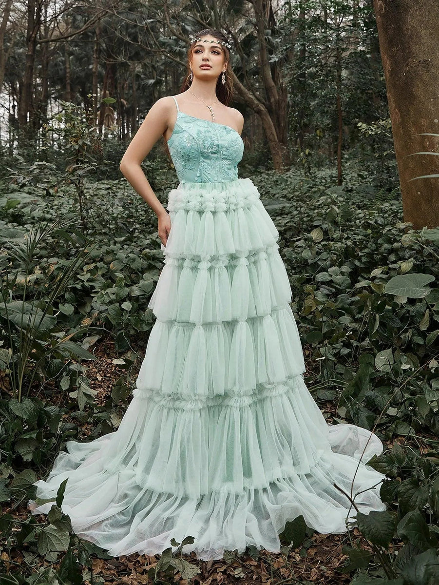 Romantic Tiered Tulle Prom Dress with Floral Sequin Embroidery and Lace-Up Back