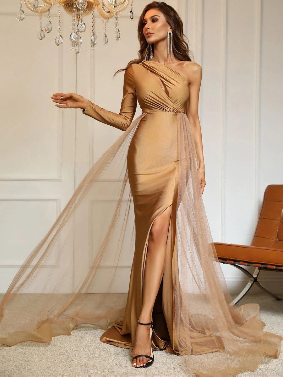 One Shoulder Cut Out Contrast Mesh Mermaid Dress – Faeriesty