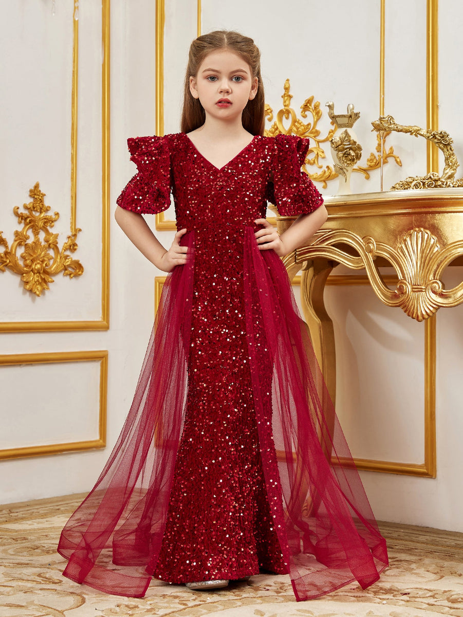 Tween Girls' V Neck Mesh Cloak Sleeve Sequin Jumpsuit main image 1