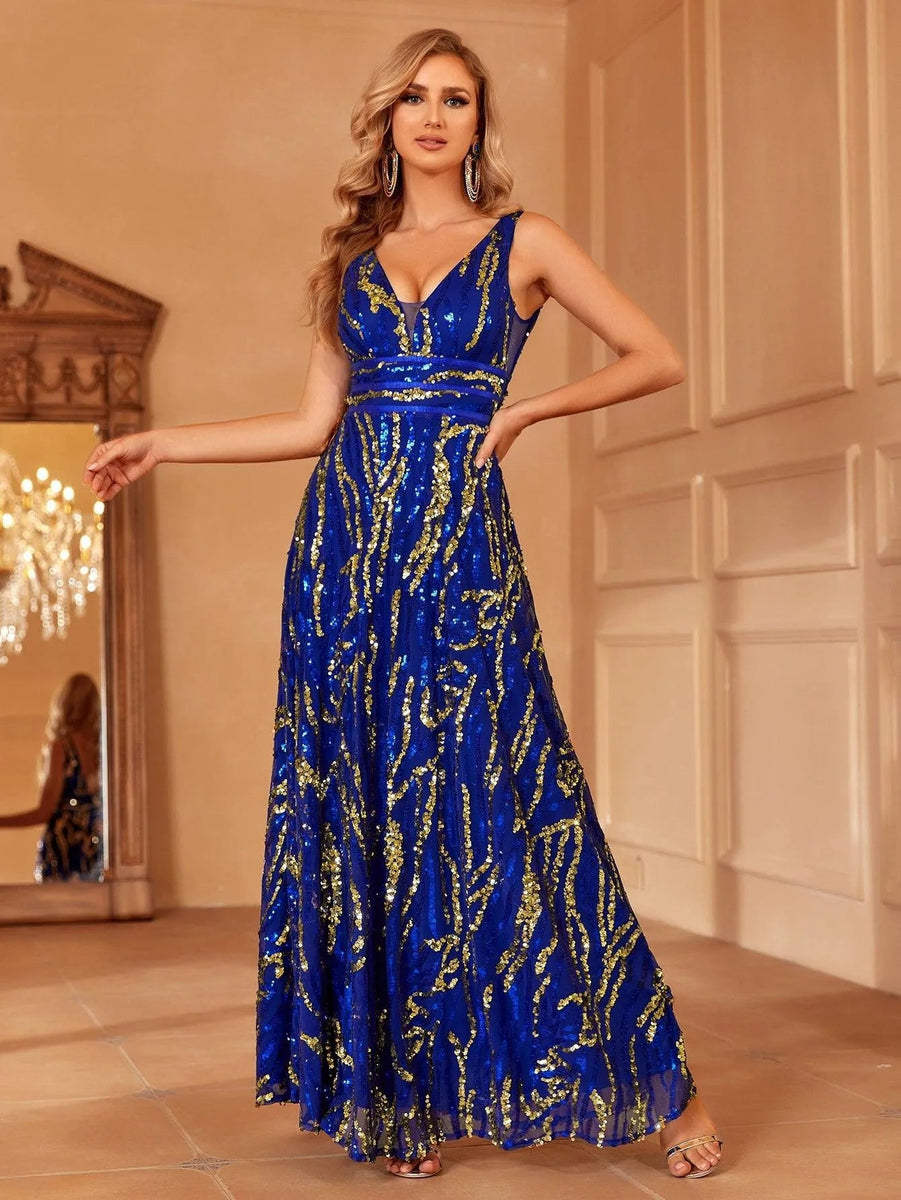 Plus Plunging Meck Backless Floral Sequin Prom Dress main image 0