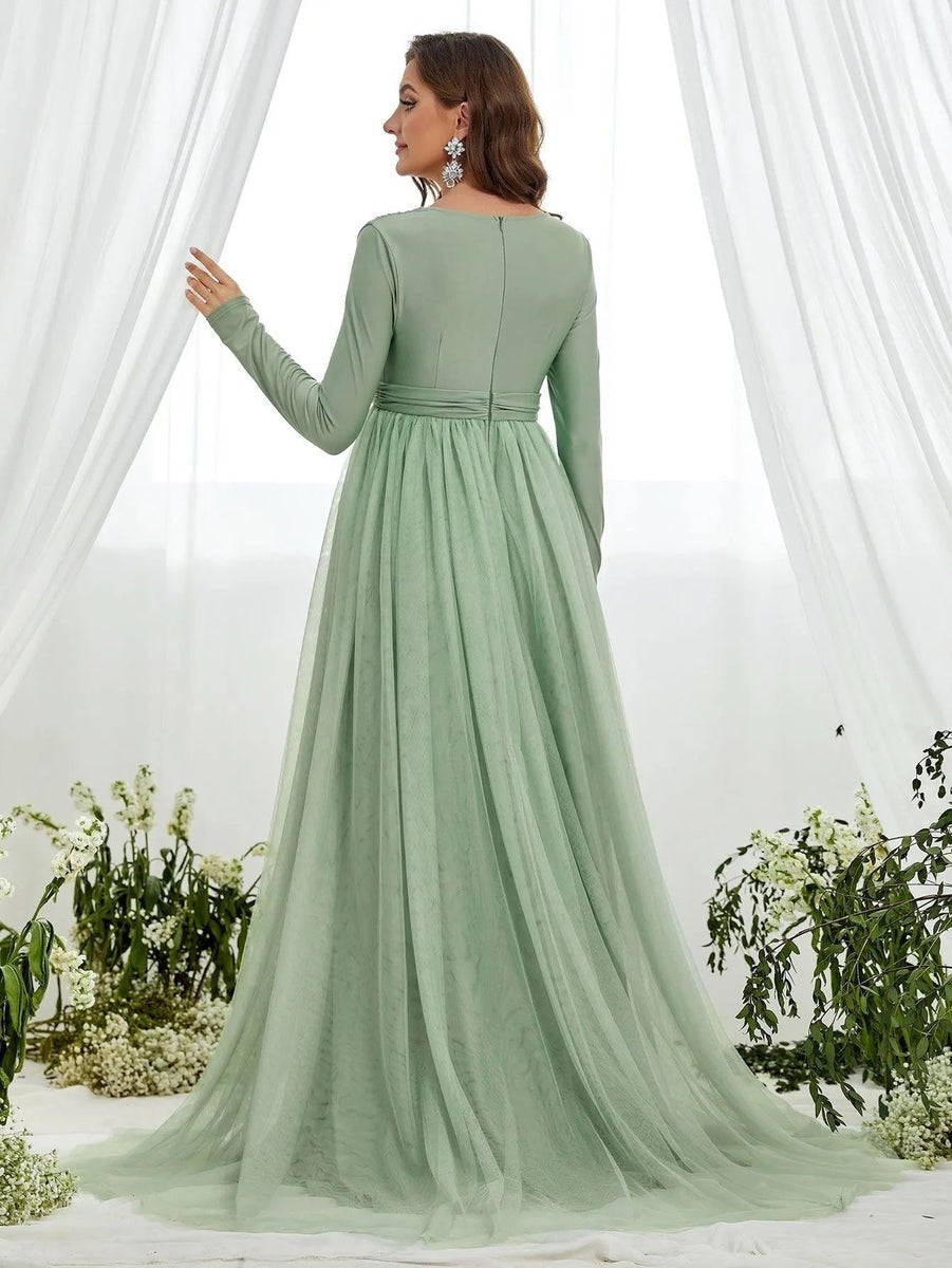 long sleeve maternity dress formal Maternity Plunging Neck Long Sleeve Contrast Mesh Formal Dress Green / XL