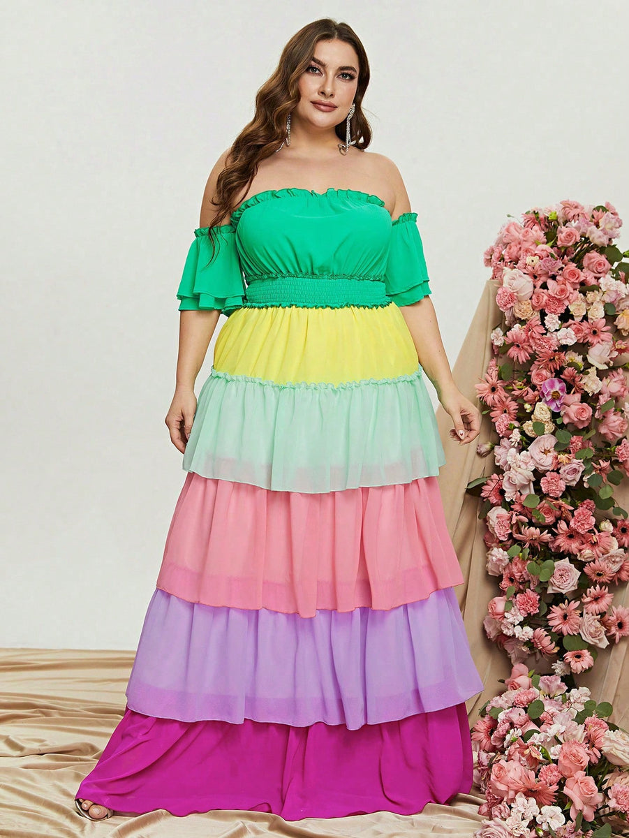 Plus Off Shoulder Ruffle Trim Chiffon Dress